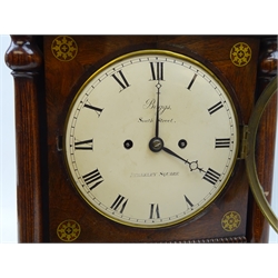  William IV brass inlaid rosewood and simulated rosewood Architectural cased bracket clock, 20cm circular convex Roman dial inscribed 'Baggs South Street, Berkley Square', twin train movement striking the hours on a bell, case with gadrooned detail, turned columns and bun feet, H51cm, W33cm, D16cm   