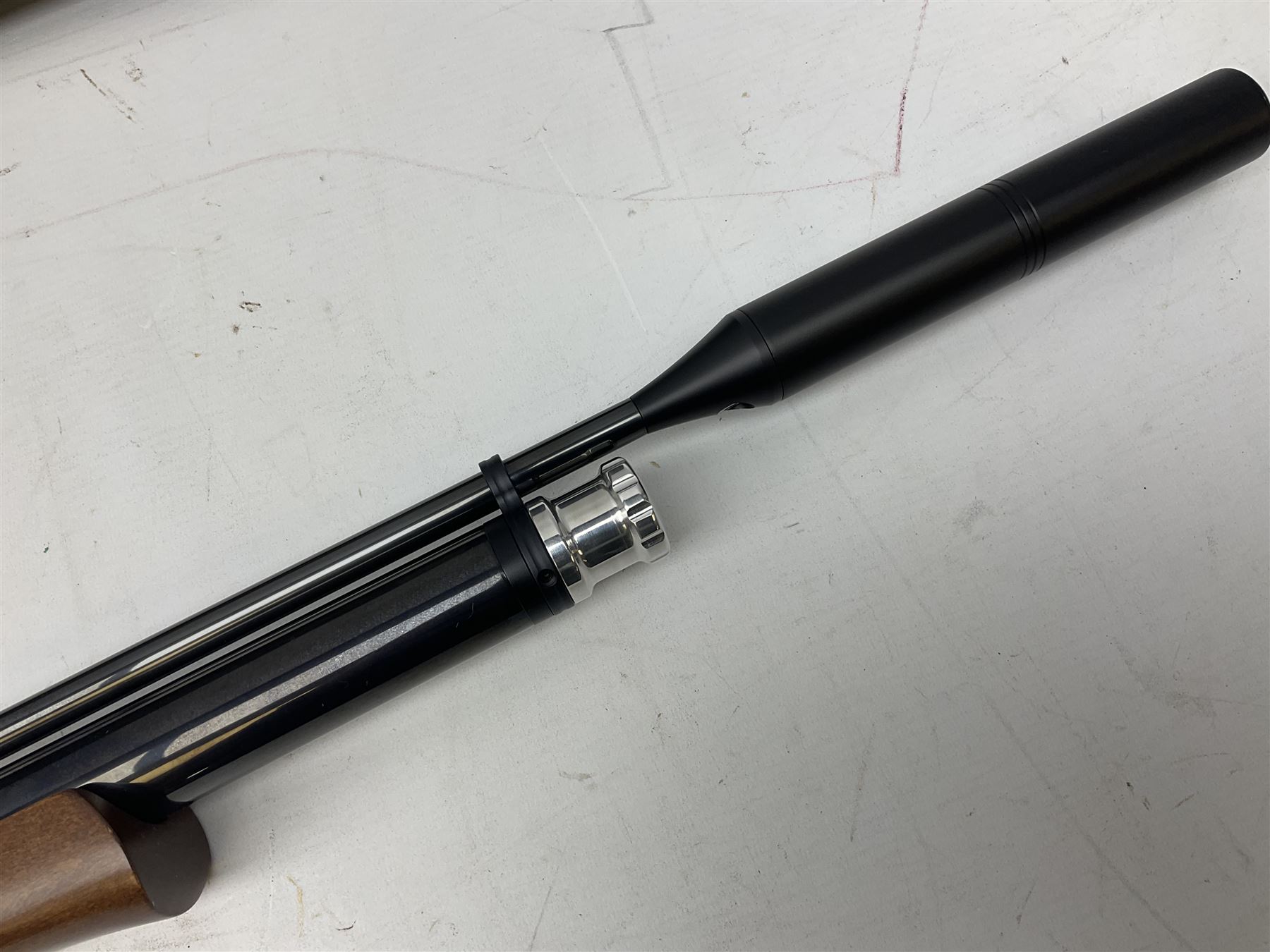 Air Arms Model S410F Classic .177 multi-shot compressed air rifle with bolt action, underside pressure gauge, chequered pistol grip, moderator and Hawke Sport HD 3-9x50 scope L112cm; in Anglo Arms camouflage sleeve with spares, tool kit, magazine and instruction manual