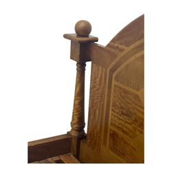 Contemporary mango wood bed frame, comprising an arched panelled headboard and footboard with inlaid geometric patterns, turned posts with spherical finials, and complete with side rails and slatted base