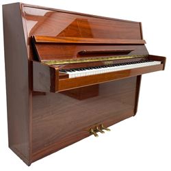 Steinmayer upright series 108 piano in sapele mahogany case, with an overstrung Iron frame and underdamper action, sustain, sostenuto and practise pedal, full compass seven octave 88 note keyboard serial Number 97050003 