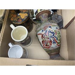 Set of metal weighing scales, pair of Chinese style ceramic table lamps, blue and white ceramics, oriental ceramics and a collection of other glassware, metal ware and collectables, in five boxes 