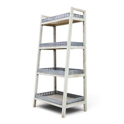 OKA style four tiered waterfall bookshelf, painted woodened frame with pierced wrought metal gallery
