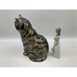 Babbacombe fireside cat and Nao figure of a girl with flowers, with original box, cat H30cm