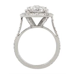 18ct white gold pave set round brilliant cut diamond cluster ring, with diamond set shoulders and gallery, hallmarked