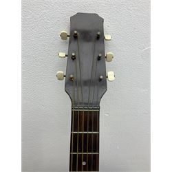 1950s acoustic guitar with f-holes and pickguard L105cm; black fur lined hard carrying case