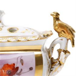 Early 19th century bough pot, hand-painted to each side with birds, modelled with bird lift and two birds perched on handles in gilt, unmarked but in the manner of Coalport, W19cm