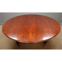  Quality late 19th century mahogany circular extending dining table of 'John Taylor & Son' Edinburgh, (missing leaves), turned and fluted supports, pierced spoked brass castors, ' W172cm, H75cm, D143cm, (366cm fully extended)  