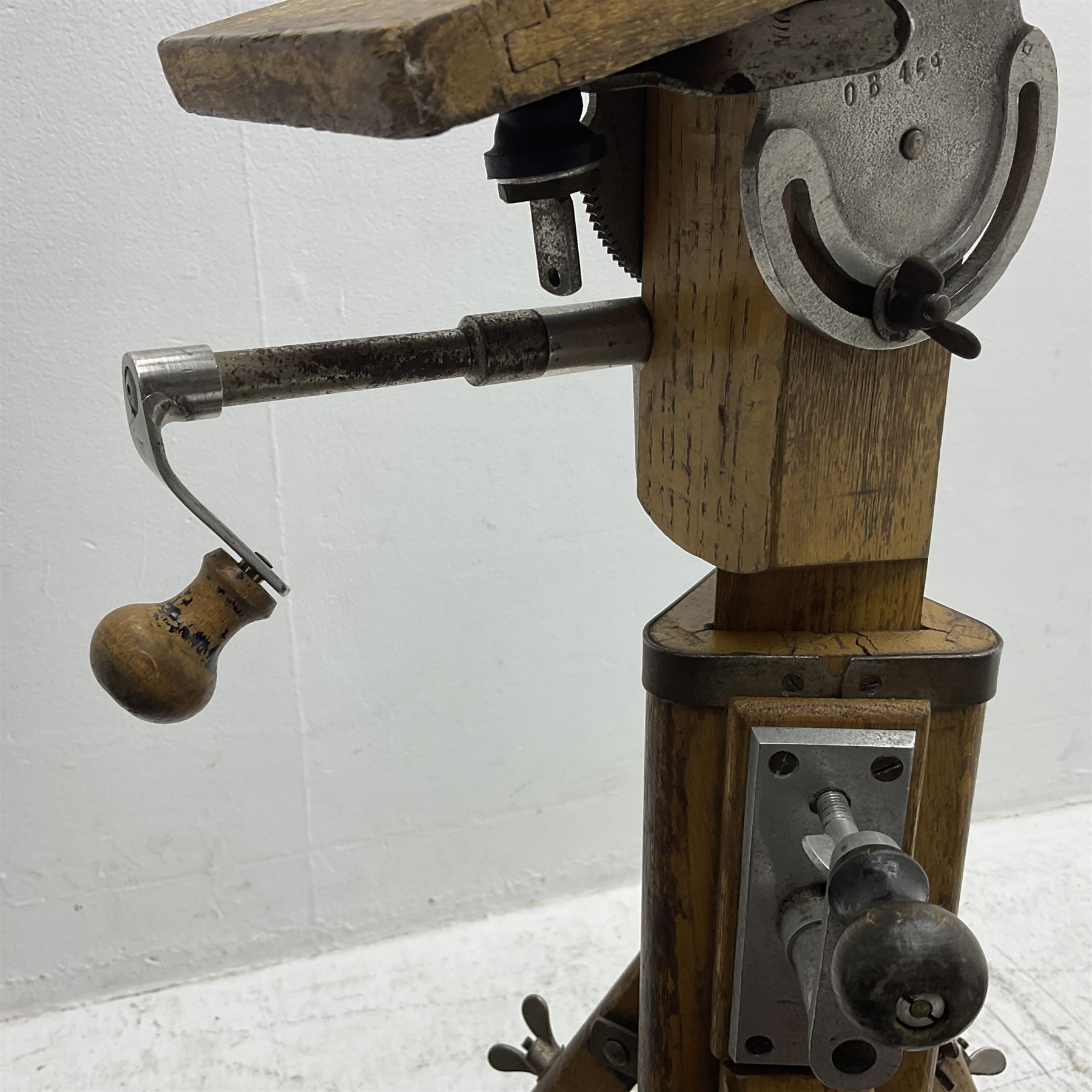 Kieser & Pfeufer folding mahogany and brass full plate camera, with adjustable wooden tripod