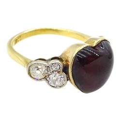 Early 20th century gold heart cut garnet and six stone old cut diamond ring, stamped 18ct, total diamond weight approx 0.50 carat
