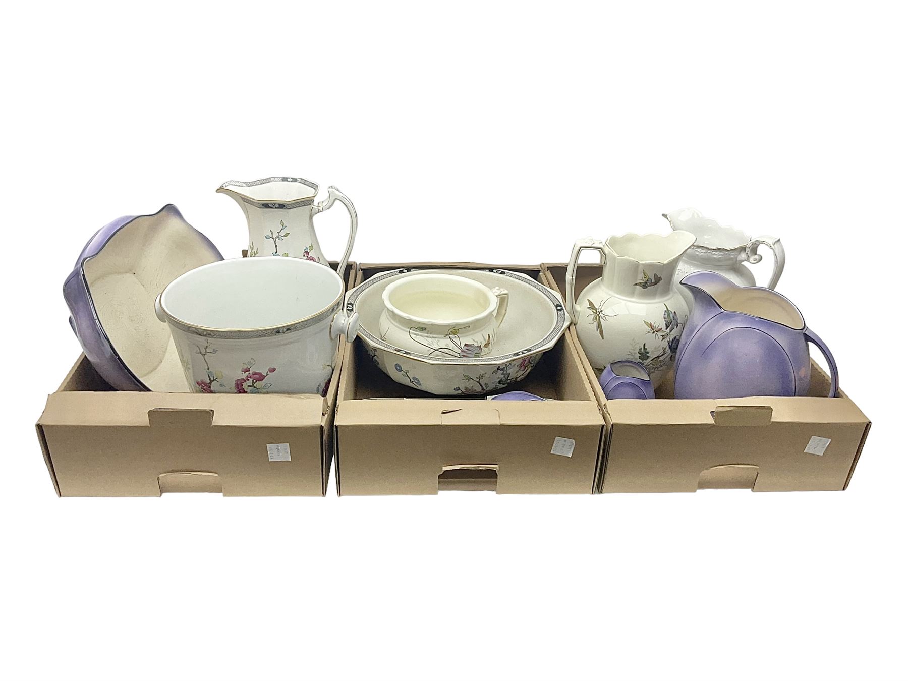 Royal Winton Art Deco style wash jug and bowl, in geometric purple design, together with two other large wash jugs with bowls and other similar ceramics, in three boxes 