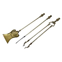 Three piece brass fireside set, comprising tongs, poker, and shovel