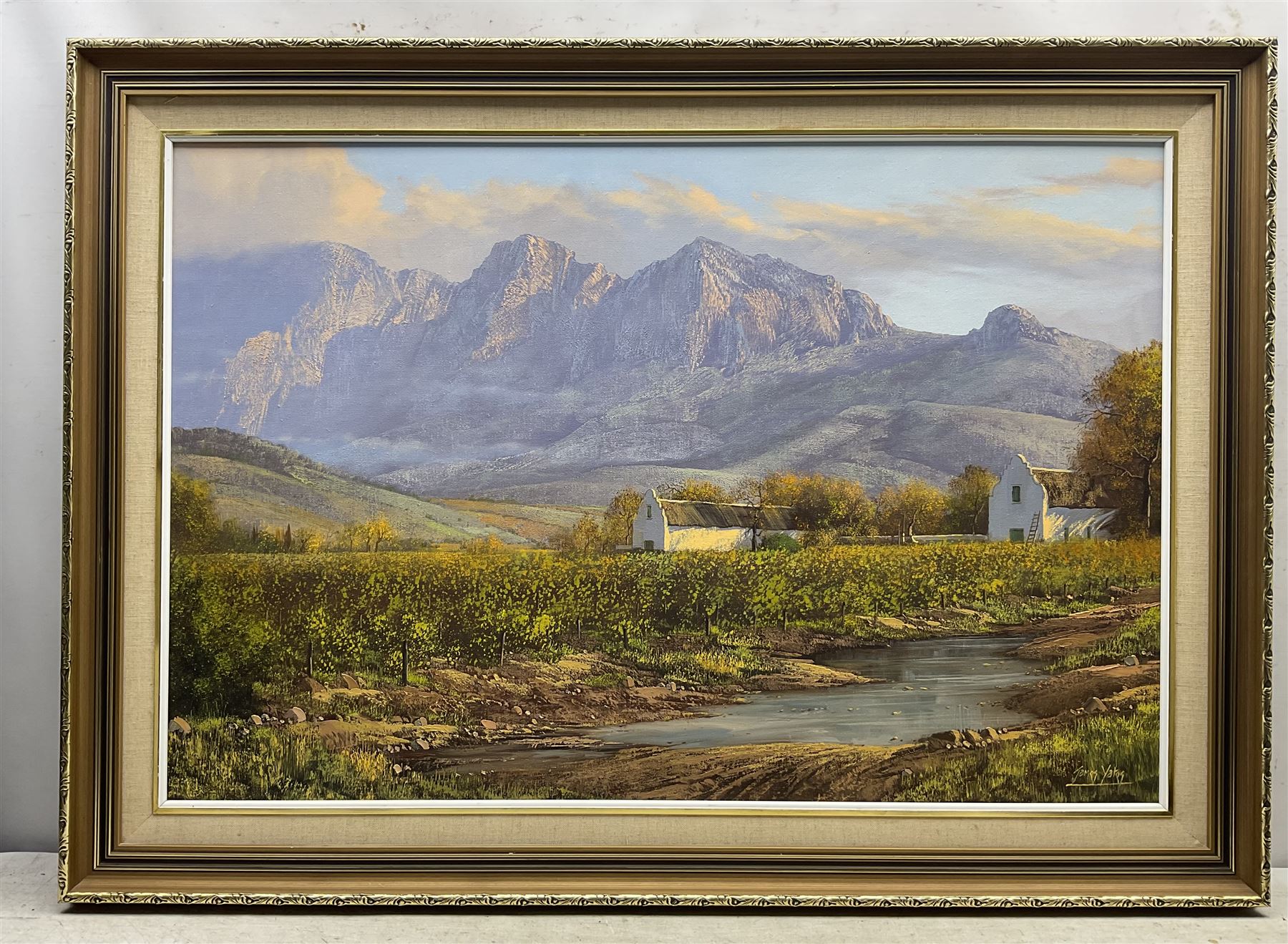 James Yates (South African 20th Century): Landscape with Mountains, oil on canvas signed 60cm x 90cm