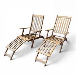 Pair of teak folding steamer chairs, with slatted backs, seats and extending footrests, ad...