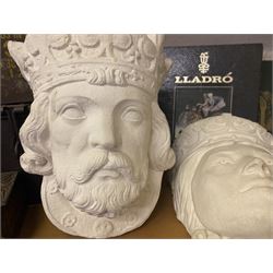 Corinthian bagatelle board, two composite planters modelled as masks of a king and queen, Lladro Magic of Porcelain book, Story of the Norman Conquest book, two metal boxes, etc 