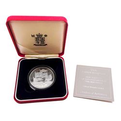 Five The Royal Mint United Kingdom silver proof coins, comprising 1994 two pound commemorating the Tercentenary of the Bank of England, 1996 five pounds commemorating Her Majesty the Queen Elizabeth II 70th birthday, 1997 two pound Britannia, 2000 'Millennium' five pound, all cased with certificate, and 1996 one pound, cased without certificate