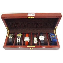  Lacquered walnut wristwatch case containing Cyma, Junghans, Fossil, Folli Folli Telsar and Timberland wristwatches  