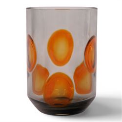 Whitefriars cylindrical vase in smoky brown with orange applied spots designed by Geoffrey Baxter, H19cm