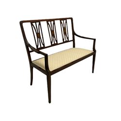 Edwardian inlaid mahogany two seat salon sofa, cream damask upholstered seat