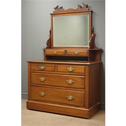  Edwardian walnut dressing chest, raised mirror back with shaped pediment above two trinket drawers, two short and two long drawers, W106cm, H170cm, D50cm  