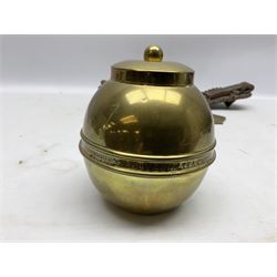 Victorian Queen Victoria record reign horse brass and H&SNCC Parade Badge of Merit 1911 horse brass, both on leather strap, together with 1924 British Empire Exhibition brass Lipton's souvenir tea caddy, strap L36cm