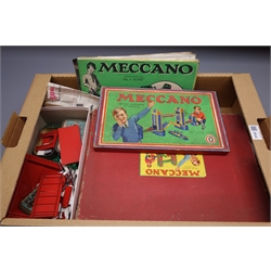  Meccano - No.6 Set box containing large quantity of predominantly red and green sections, rods, pulley wheels, cogs, nuts & bolts etc, No.0 set box with few contents, various instruction manuals and small quantity of unboxed Bayko plastic construction items  