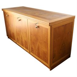 Light oak office sideboard cabinet, fitted with three doors, burr and figured panels