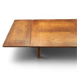 Country pine draw leaf table, bench seat and six chapel chairs, the top of plank construction, with two frieze drawers, additional leaves extending to 320cm, with bench seat and six elm chapel seats