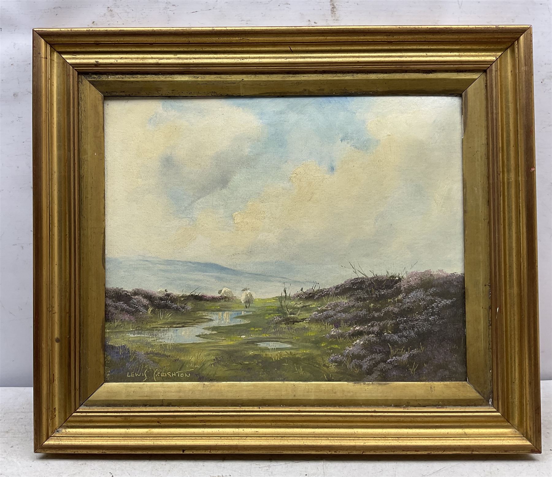 Lewis Creighton (British 1918-1996): Sheep Wandering the Moors, oil on board signed 39cm x 49cm 