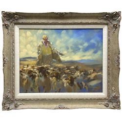 Jeremy Taylor (British 1957-): The Shepherd, oil on board signed 35cm x 45cm
