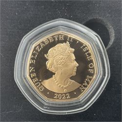 Queen Elizabeth II Isle of Man 2022 'Platinum Jubilee The National Anthem Gold Proof 50p Set' comprising five gold proof fifty pence coins with selective platinum plate, cased with certificate