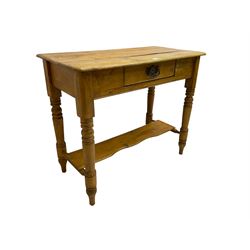 Victorian pine side table, fitted with single drawer, turned supports joined by undertier 