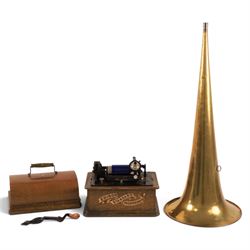 Early 20th century Edison Standard phonograph, in oak case, serial number S179930, together with a large brass phonograph horn and a collection of wax cylinders
