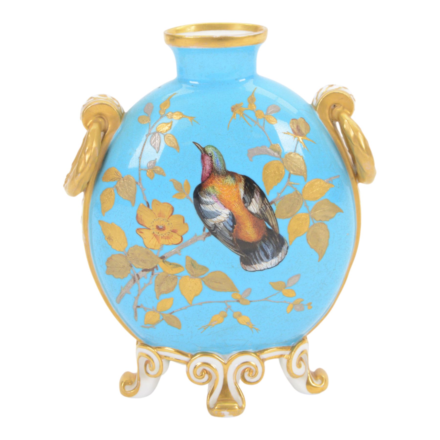 Royal Crown Derby moon flask, decorated with birds in branches upon a blue ground, with gilt detail, printed mark beneath, H20cm
