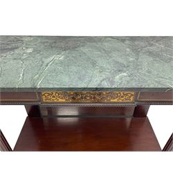 Late 19th century mahogany console or pier table, rectangular green marble top over a break-front frieze inlaid with brass scroll work panels, reed and ribbon gilt metal and wooden beaded applied mouldings, on turned and fluted front supports, plain mirror back over plinth platform base