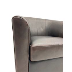 Laura Ashley - tub shaped swivel armchair, upholstered in dark brown leather 