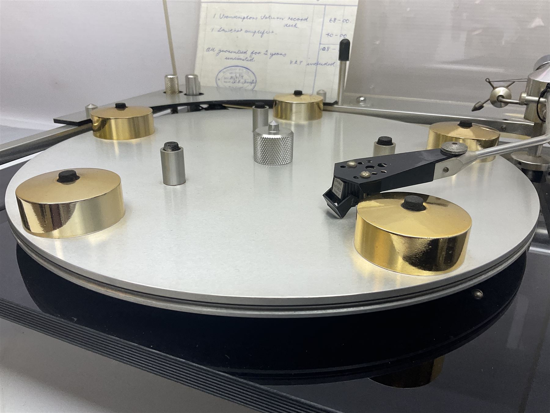 1970s Transcriptor Saturn turntable with paperwork including original receipt dated June 1973 and some accessories