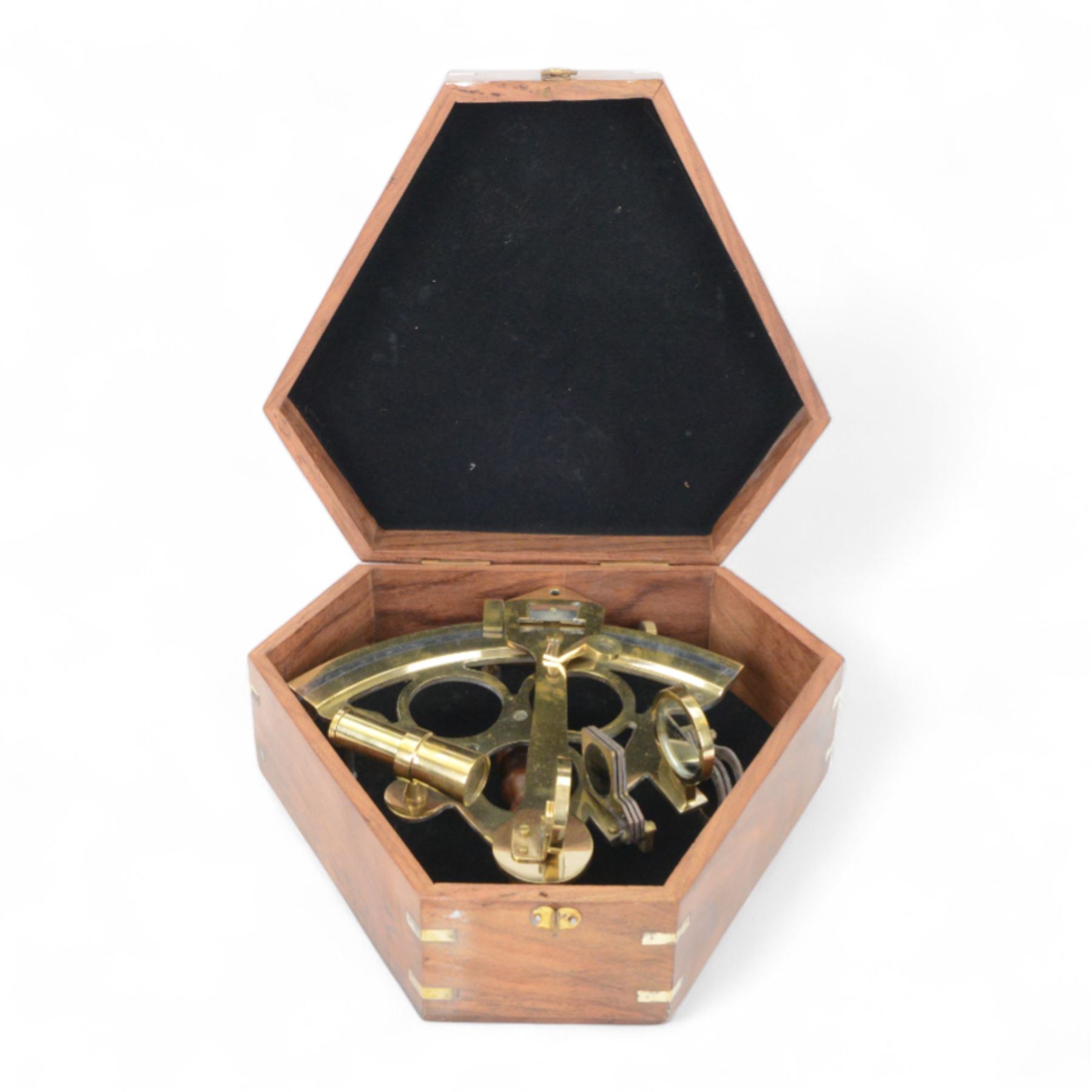 Reproduction brass sextant, in wooden case