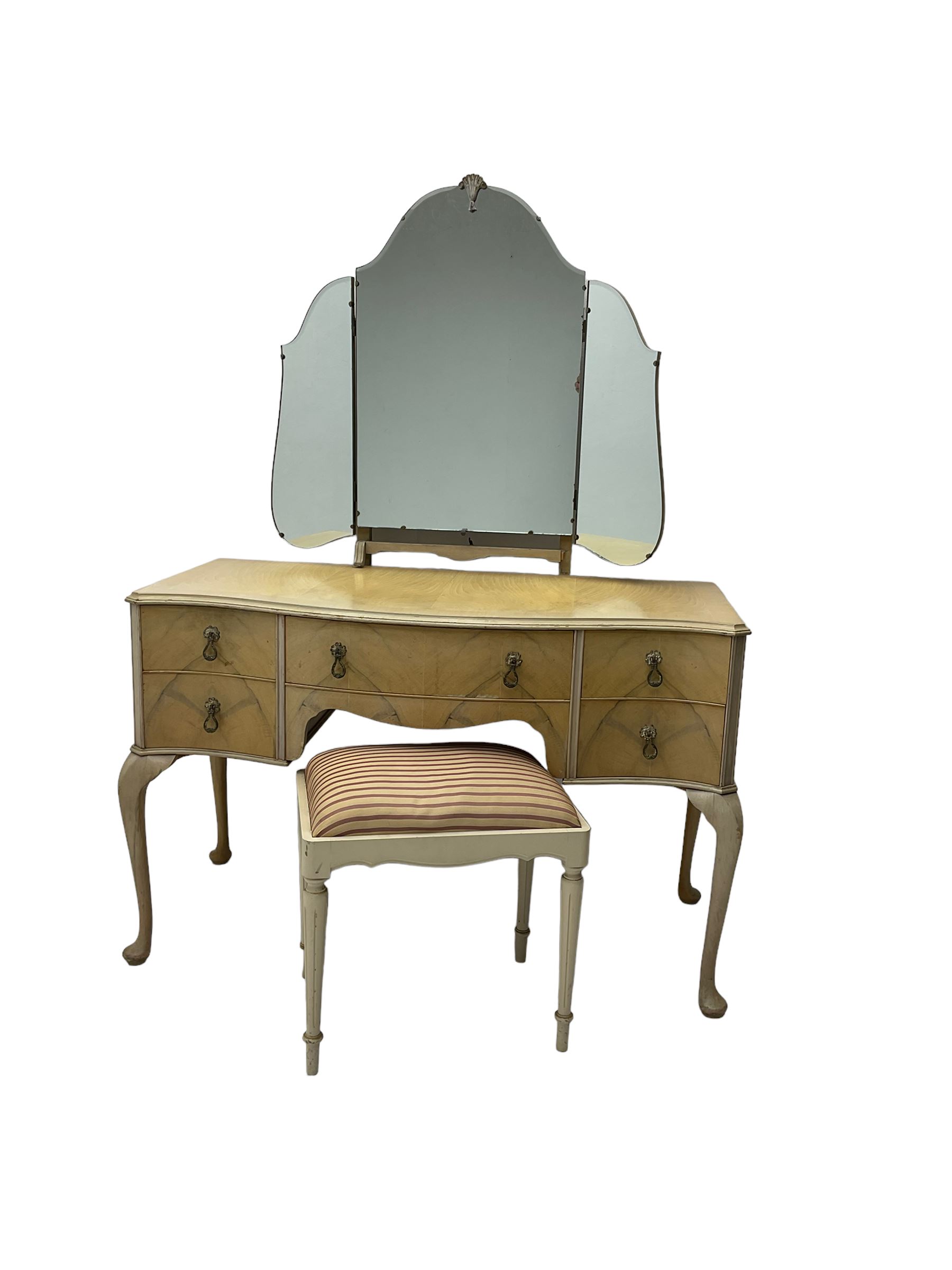 F Wrighton & Sons Ltd -  French style painted serpentine dressing table, with triple mirror back, on cabriole supports (106cm x 55cm x 135cm), and F Wrighton & Sons Ltd - French style narrow double wardrobe (92cm x 54cm x 187cm)