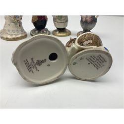 Five Royal Doulton Beatrix Potter figures, comprising Poppy Eyebright, Clover, Lord Woodmouse, Mr Apple and Dusty Dogwood, together with Beswick Appley Dapply figure and three Crummles Beatrix Potter enamel pill boxes