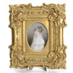 English School (early 19th century) 
Portrait miniature upon ivory 
Head and shoulder portrait of Caroline Chichester wife of the Revd John Munden, wearing white empire line gown and gauze shawl
Within period giltwood frame
Oval 9cm x 6.5cm 
Overall 20.5cm x 18cm 

Provenance: By family descent from the Chichesters of Arlington Court, Devon; from the collection of Andrew Chichester Everitt.

This lot has been registered for sale under Section 10 of the APHA Ivory Act