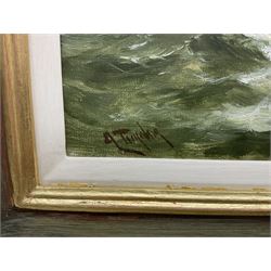 A Turner (British 19th century): Yarmouth Boats Rounding the Lighthouse, oil on canvas signed 30cm x 60cm
