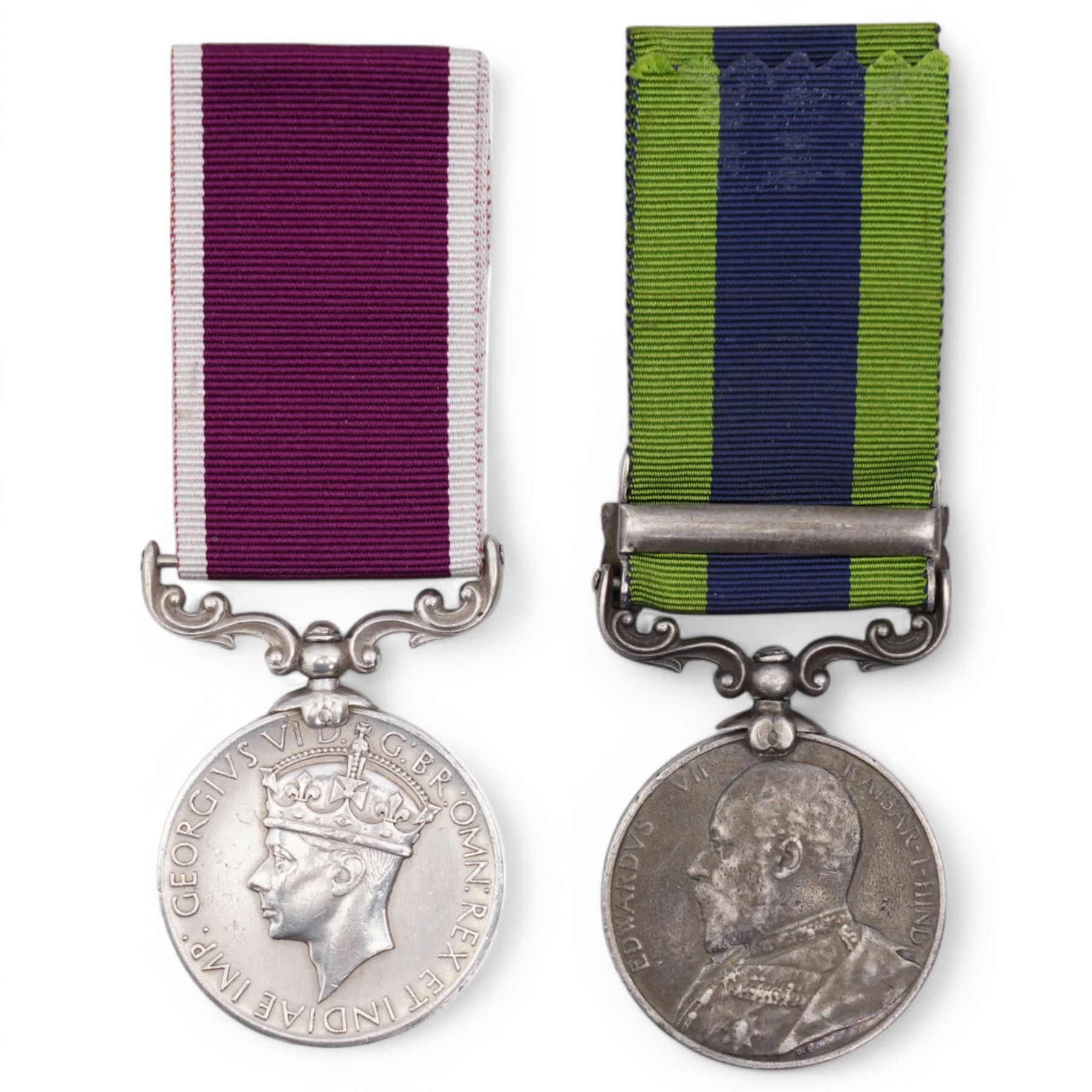 Edward VII India General Service Medal with North West Frontier 1908 clasp to 2662 Sepoy Gobin......57th Rifles and George VI Long Service Medal, 'India' to F-1477 Swpr Imam Din 13 Frontier Force Rifles (2)