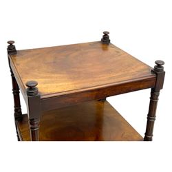 Early 19th century mahogany whatnot, with four rectangular shelves, the lower shelf fitted with a single drawer, supported by slender turned columns, raised on turned supports with brass castors