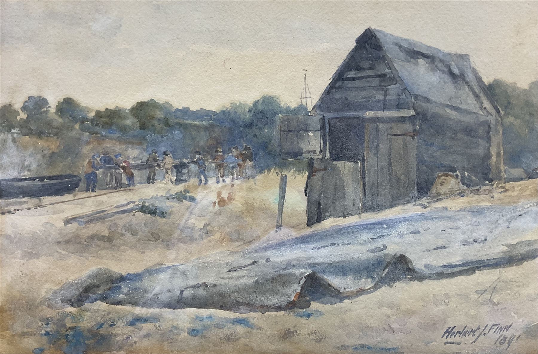 Herbert John Finn (British 1860-1942): Capstan and Boathouse at Kingsdown - Kent, watercolour signed, titled verso 16cm x 24cm