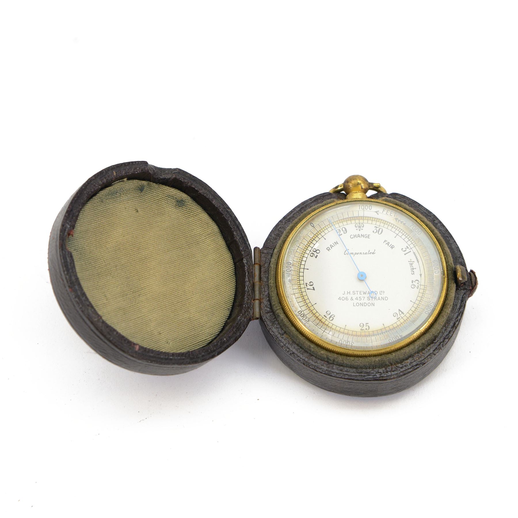 Late Victorian J.H. Steward Ltd compensated aneroid barometer, brass cased with silvered dial and altimeter scale to outer edge, contained within a tooled leather case, D4.5cm