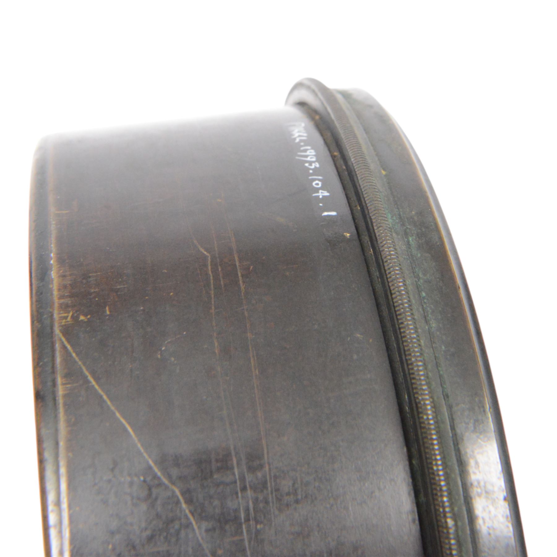 Two large brass cased condenser lenses, largest D21cm