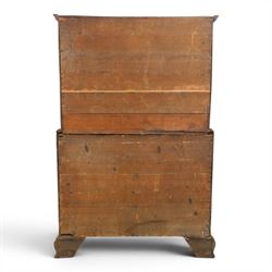 George III mahogany chest on chest, moulded cornice over two short over two long drawers with figured mahogany veneers, lower section fitted with three further long drawers, oval brass plate handles and escutcheons, on shaped bracket feet