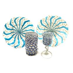 A pair of Murano latticinio glass dishes, D14.5cm, together with a small Murano glass tumbler and small drinking glass, tumbler H9cm.