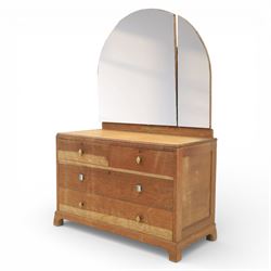 Early 20th century Art Deco bedroom suite, comprising double wardrobe, dressing table and chest of drawers, constructed in walnut with figured veneers and geometric banding, the wardrobe with arched top and panelled doors enclosing a fitted interior, the dressing table with rectangular top below a three panel mirror arrangement, fitted with two short over two long drawers, the chest with three short and three long drawers, each piece fitted with faceted handles and raised on shaped feet
Wardrobe (H 177cm, D 46cm, W 112cm)
Chest (H 85cm, D 48cm, W 92cm)
Dressing table (H 160cm, D 52cm, W 106cm)
