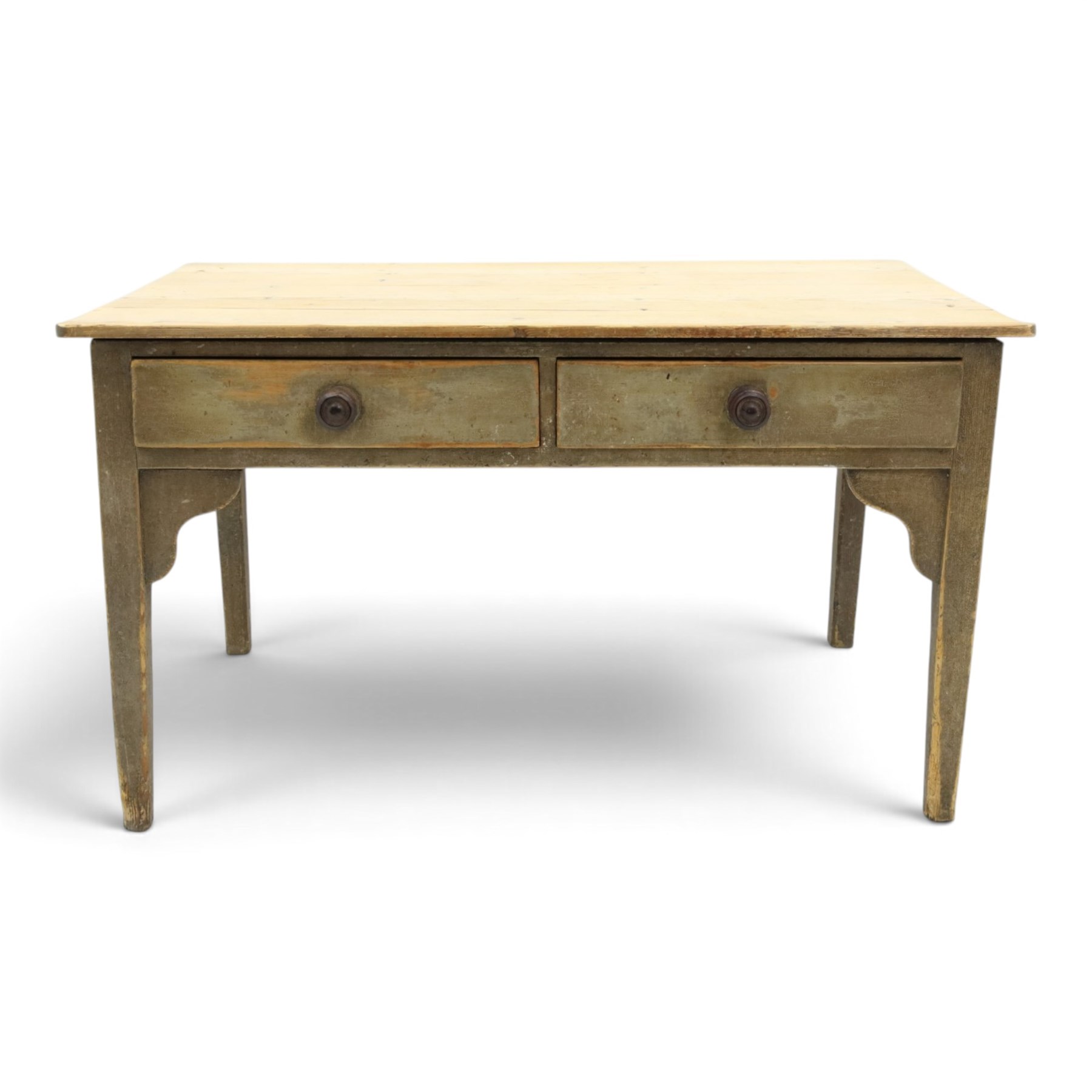 19th century stripped and painted rustic pine table, rectangular triple plank top fitted with two drawers, raised on square tapering supports